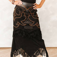 Black Boot Stitch Suede Fringe Skirt W Leather Upper Yoke: M
