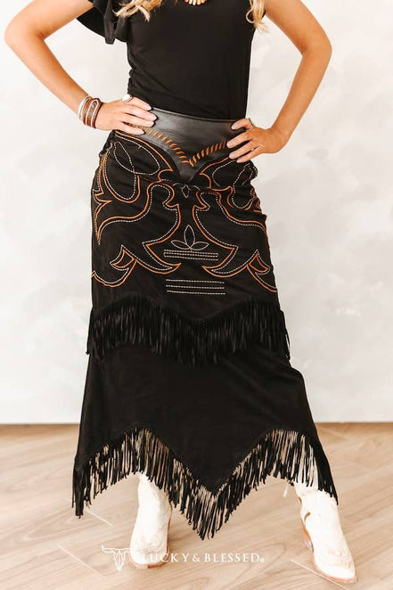 Black Boot Stitch Suede Fringe Skirt W Leather Upper Yoke: S