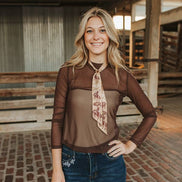 Brown Mesh Ruched Mock Neck Long Sleeve Top
