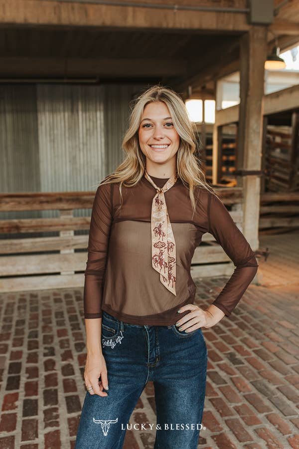 Brown Mesh Ruched Mock Neck Long Sleeve Top