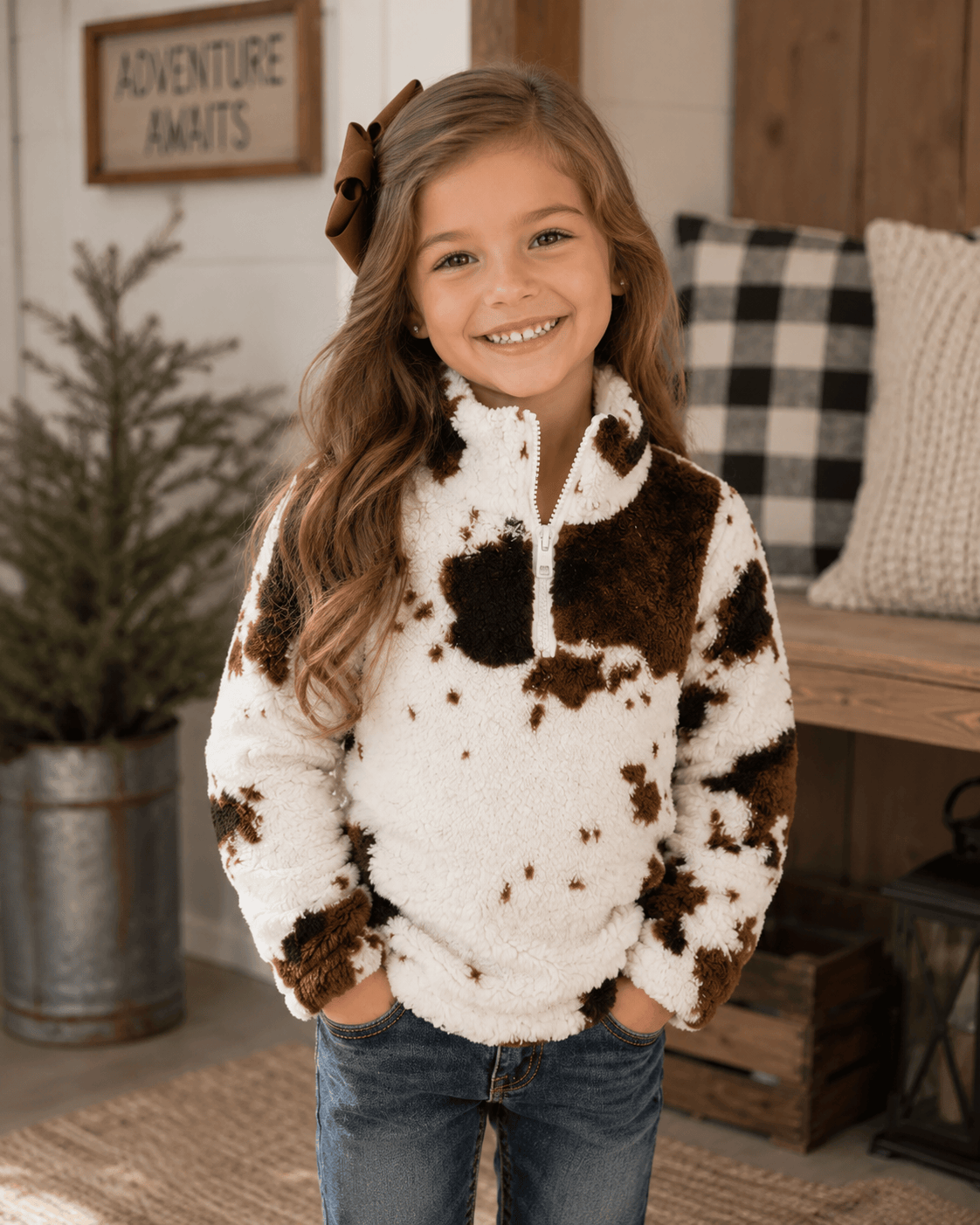 Cow Print Brown White Sherpa Pullover Kids