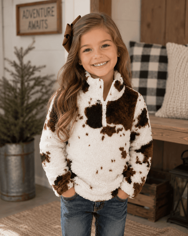 Cow Print Brown White Sherpa Pullover Kids