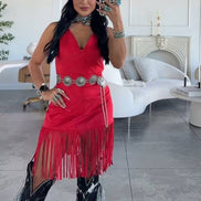 Red Buckstitch Stretch Suede Dress
