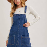DENIM OVERALL MINI DRESS WITH POCKETS: MED.WASH / M