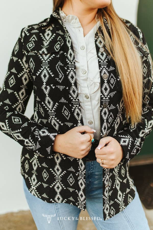 Black Aztec Jacquard Woven Long Sleeve Western Shirt