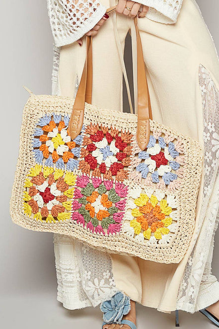 Crochet Squares Tote Bag: NATURAL MULTI / OS