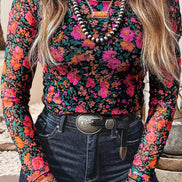 LDC Western Slim Fit Floral Mesh Long Sleeve Mock Neck Top