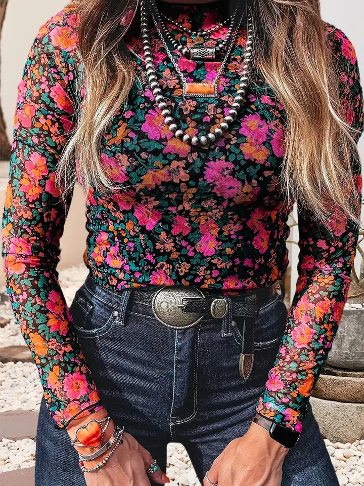 LDC Western Slim Fit Floral Mesh Long Sleeve Mock Neck Top