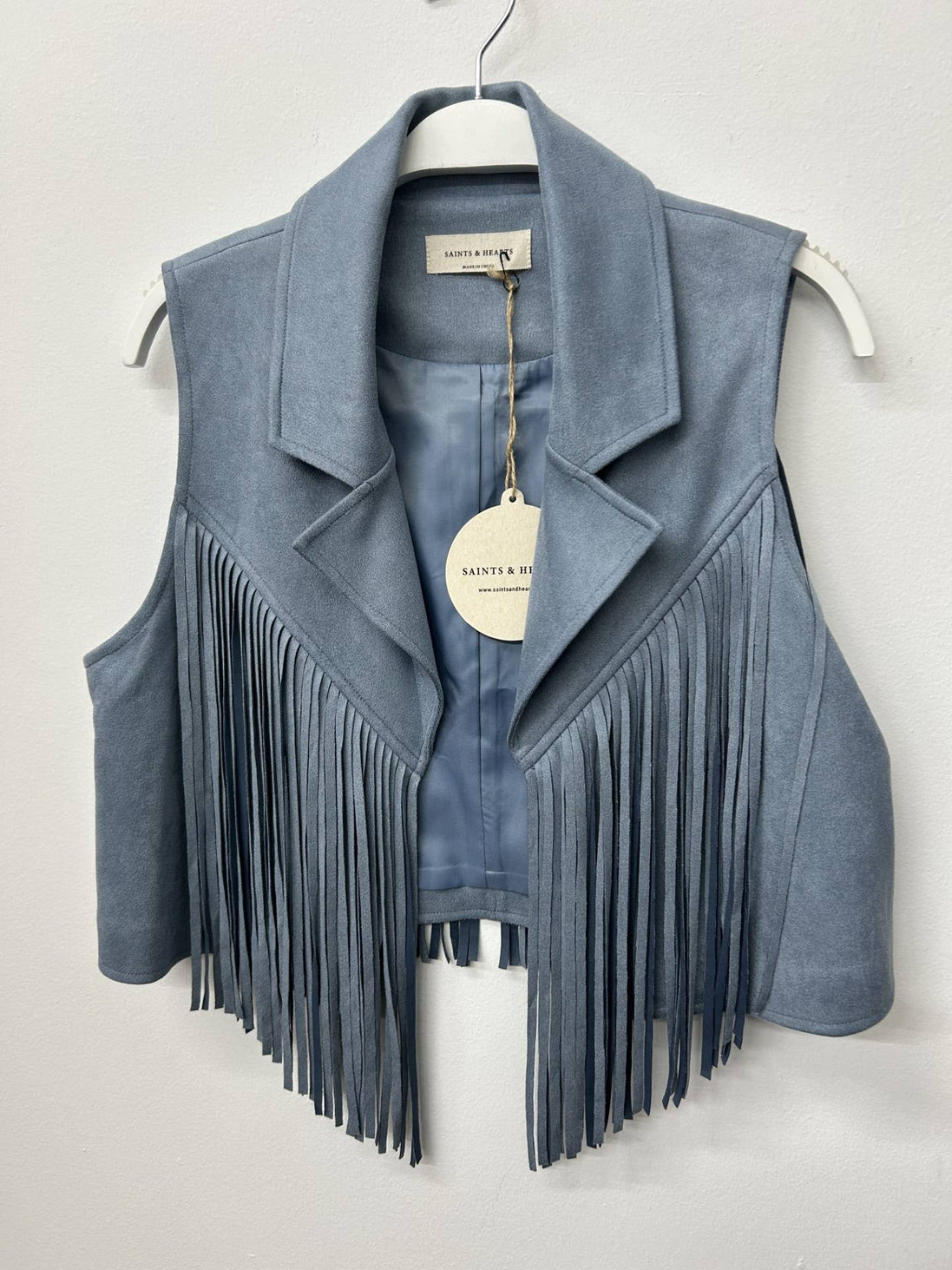 SIJ5242A DENIM BLUE CONTRAST SUEDE FRINGE COLLARED VEST