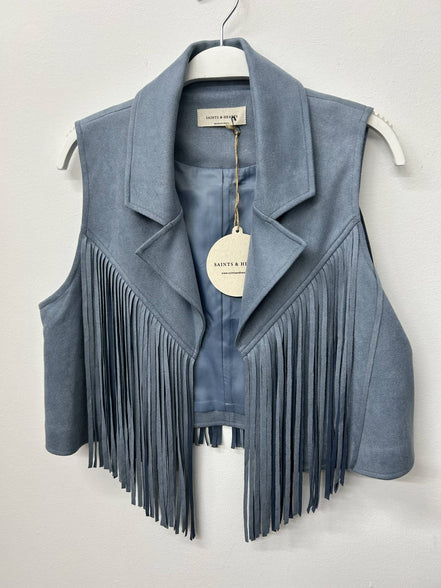 SIJ5242A DENIM BLUE CONTRAST SUEDE FRINGE COLLARED VEST