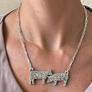 WESTERN ETCHED COW AND PIG PENDANT NECKLACE