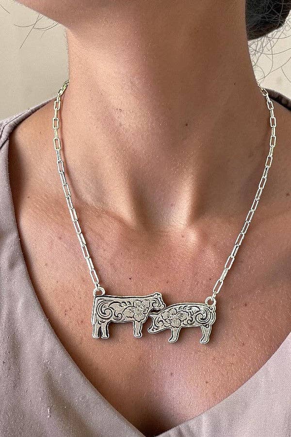 WESTERN ETCHED COW AND PIG PENDANT NECKLACE
