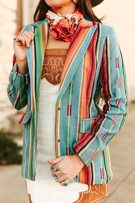 Jacquard Woven Jade Serape Button Down Blazer: L