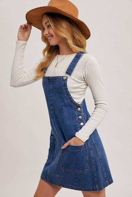 DENIM OVERALL MINI DRESS WITH POCKETS: MED.WASH / S