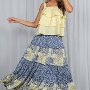 Patchwork Floral Print Bohemian-Inspired Maxi Skirt VS83203: Blue / L