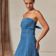 PD19530 Strapless Denim Tie Back Mini Dress