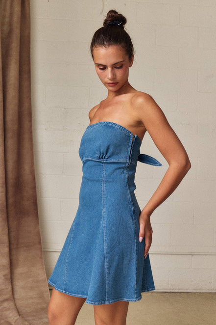 PD19530 Strapless Denim Tie Back Mini Dress