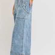 WIDE-LEG DENIM OVERALL JUMPSUIT: DENIM BLUE / Contemporary / L
