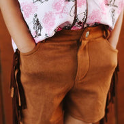 Girls Camel Stretch Suede High Rise Side Fringe Shorts (3in)