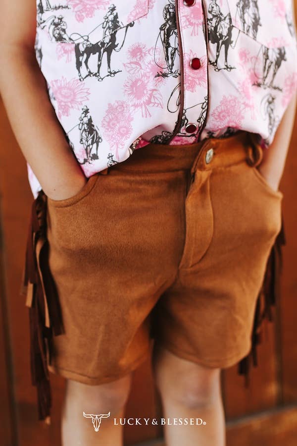 Girls Camel Stretch Suede High Rise Side Fringe Shorts (3in)