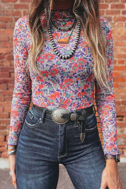 LDC Western Slim Fit Floral Mesh Long Sleeve Mock Neck Top