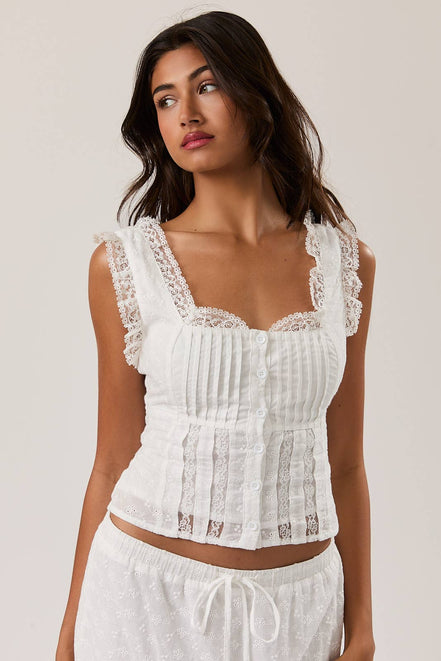 SLEEVELESS SQUARE NECK RUFFLE TOP: White / S