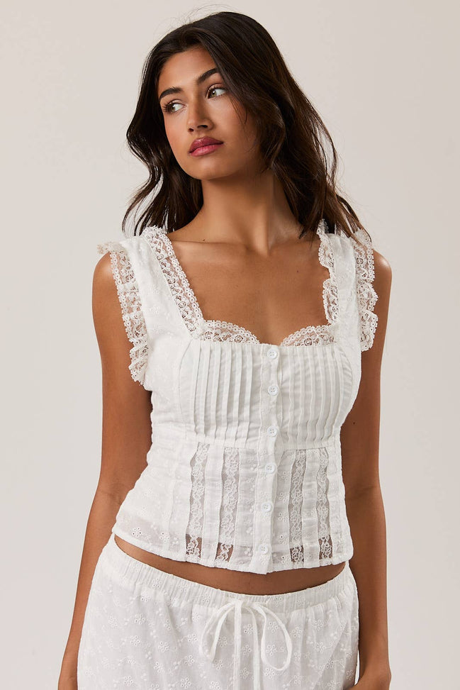 SLEEVELESS SQUARE NECK RUFFLE TOP: White / S
