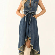Retro Western Sleeveless Irregular Raw Hem Denim Dress