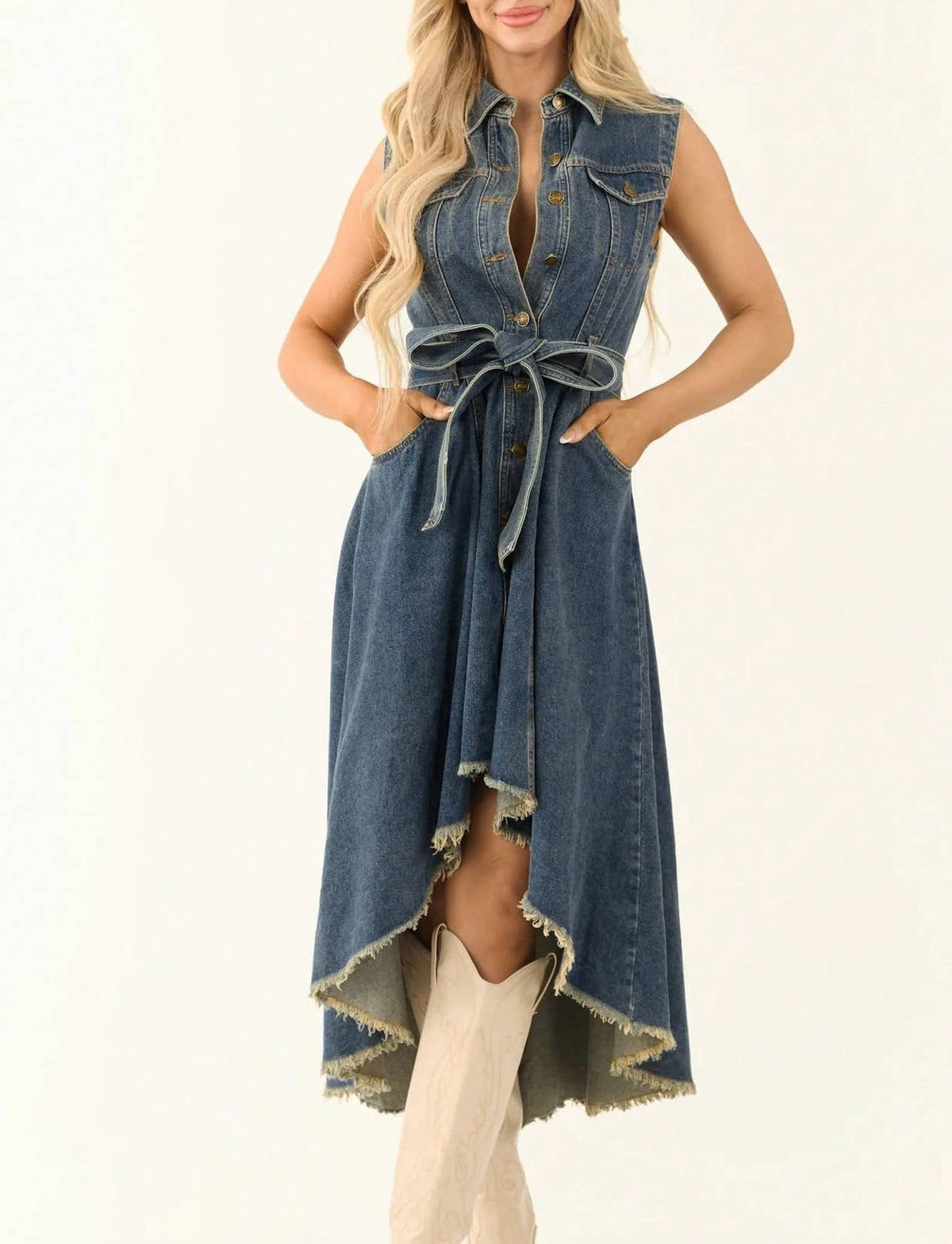 Retro Western Sleeveless Irregular Raw Hem Denim Dress