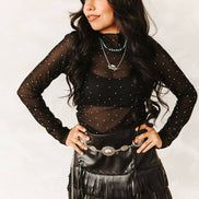 Black Long Sleeve Rhinestone Detail Mesh Top