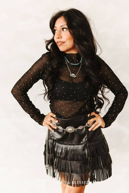 Black Long Sleeve Rhinestone Detail Mesh Top