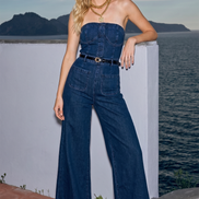 OFF SHOULDER WIDE LEG DENIM JUMPSUIT - 4406 DK DEN