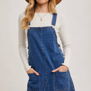 DENIM OVERALL MINI DRESS WITH POCKETS: MED.WASH / M