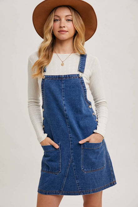 DENIM OVERALL MINI DRESS WITH POCKETS: MED.WASH / M