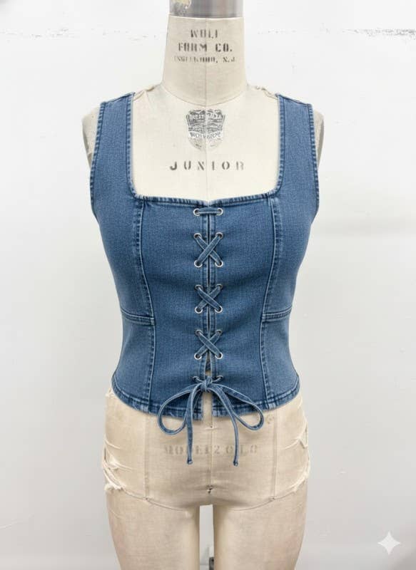 Lace-Up Corset Stretch Denim Top 2: Light Denim / L