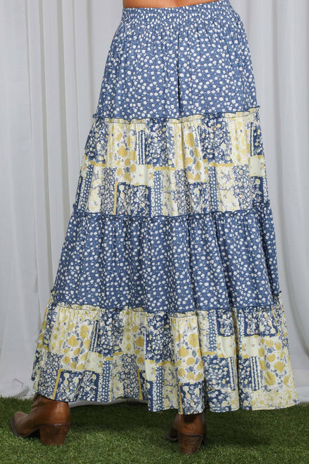 Patchwork Floral Print Bohemian-Inspired Maxi Skirt VS83203: Blue / L