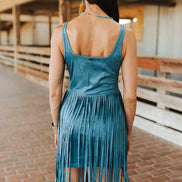 Teal Western Fringe Sleeveless Mini Dress