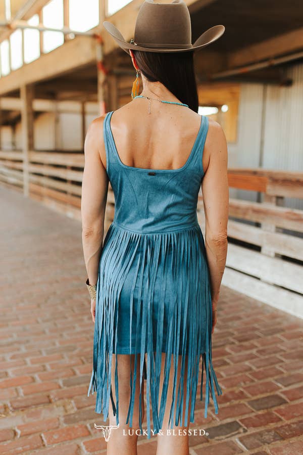 Teal Western Fringe Sleeveless Mini Dress
