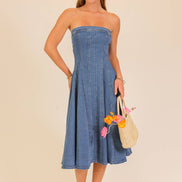 Strapless Stretch Denim Midi Dress: Mocha / L
