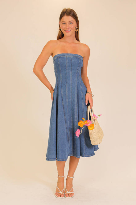 Strapless Stretch Denim Midi Dress: Mocha / L