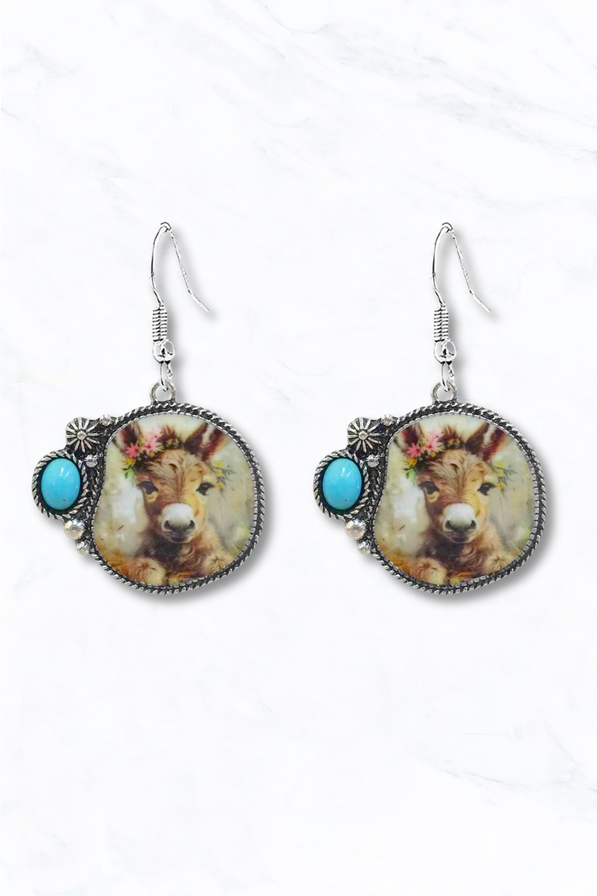 Western Sunflower Cow Portrait Drop Earrings