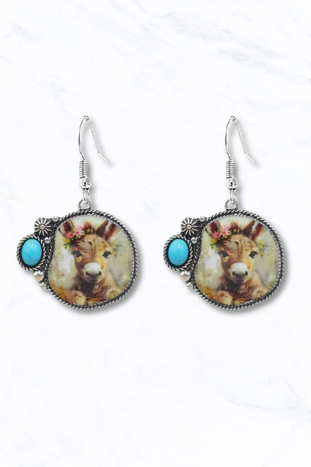 Western Sunflower Cow Portrait Drop Earrings