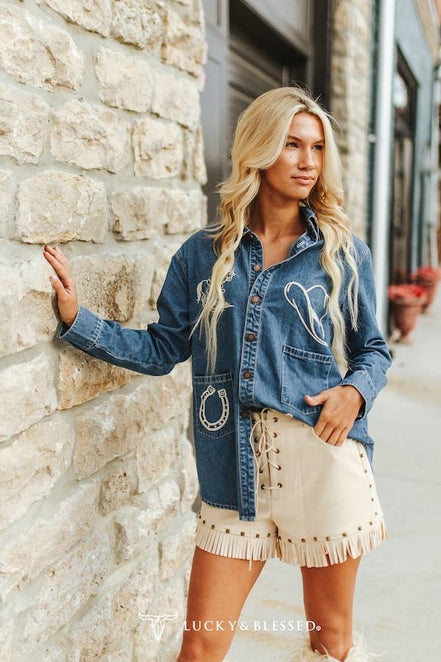 Sand Suede Fringe Hem Vintage Gold Studded Eyelet Shorts