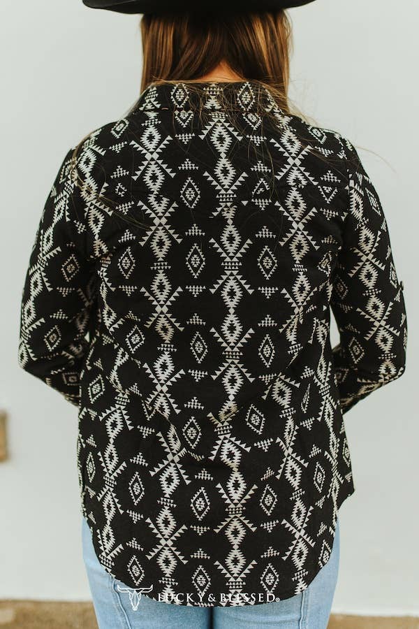 Black Aztec Jacquard Woven Long Sleeve Western Shirt