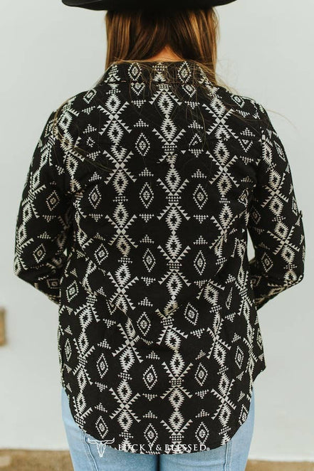 Black Aztec Jacquard Woven Long Sleeve Western Shirt
