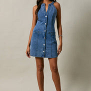 HALTER NECK BUTTON DOWN DENIM MINI DRESS: DENIM / XS