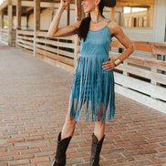Teal Western Fringe Sleeveless Mini Dress