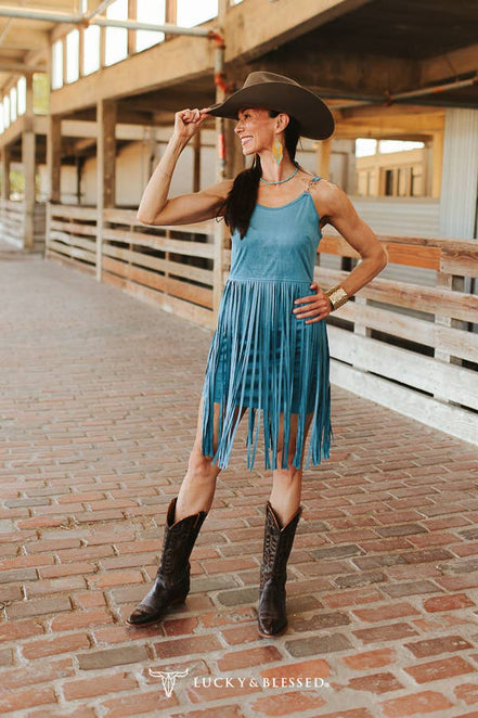 Teal Western Fringe Sleeveless Mini Dress