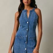 HALTER NECK BUTTON DOWN DENIM MINI DRESS: DENIM / XS