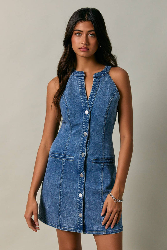 HALTER NECK BUTTON DOWN DENIM MINI DRESS: DENIM / S
